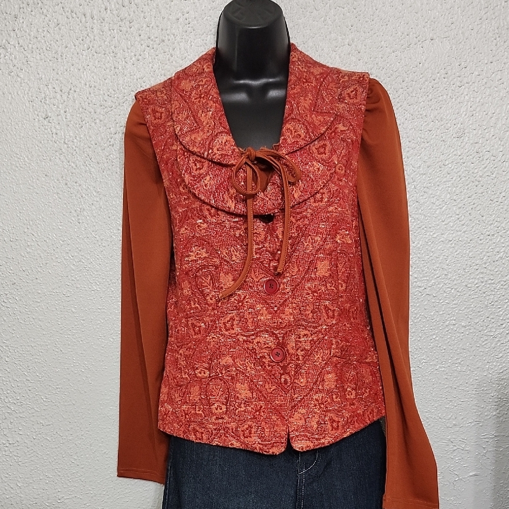 Karl Lagerfeld Tapestry Vintage Vest Double Flap Collar Wool/Silk Button Up Rust - Picture 2 of 12